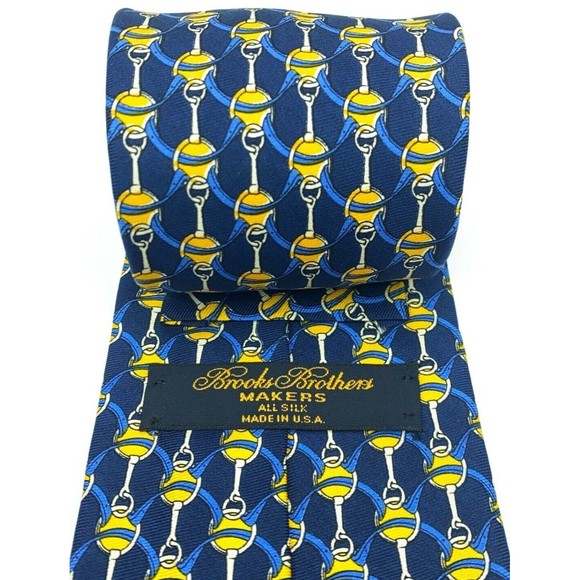BROOKS BROTHERS MAKERS All Silk Equestrian Motif Blue Yellow Necktie Made in USA - Picture 2 of 12